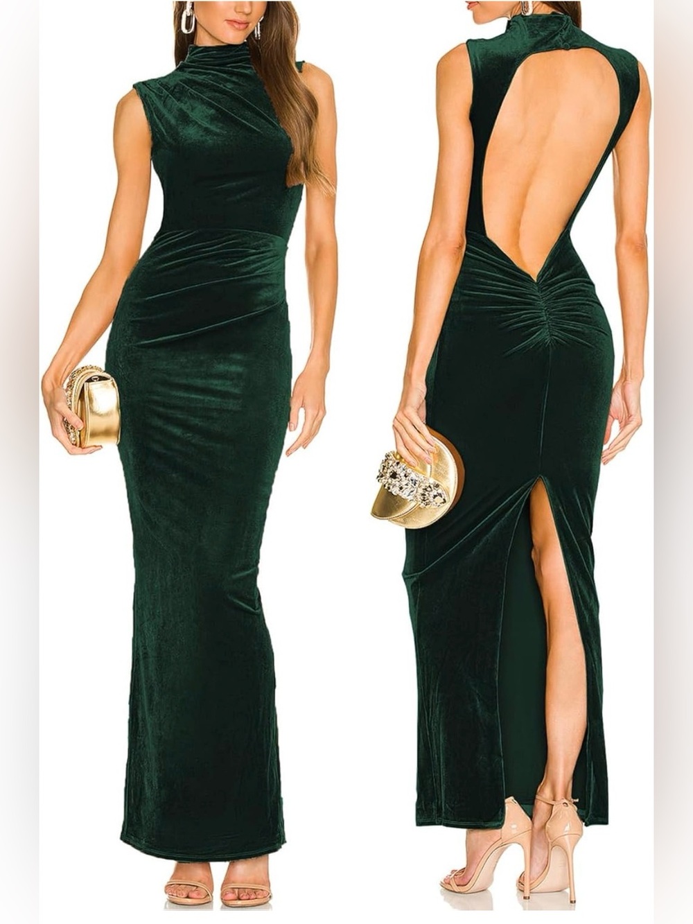 Mock Neck Velvet Backless Evening Gown in Deep Green